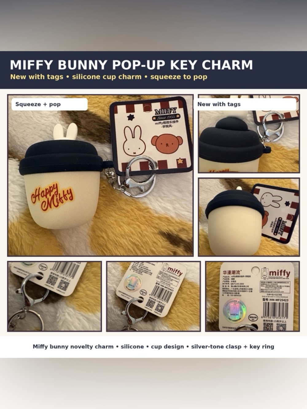 Miffy Bunny Pop Up Silicone Cup Key Charm New With Tags
